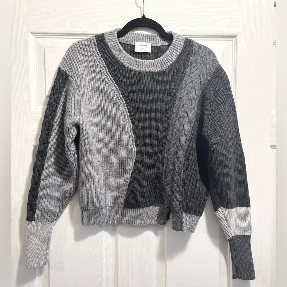 Aritzia Wilfred Lonell Gray Colorblock Cable Knit Merino Wool Sweater Size XS - Picture 4 of 10